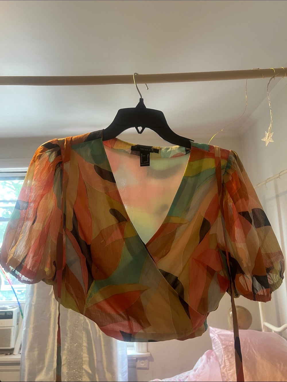 Multicolor Abstract Wrap Crop Top with Puff Sleeves & tie around waist